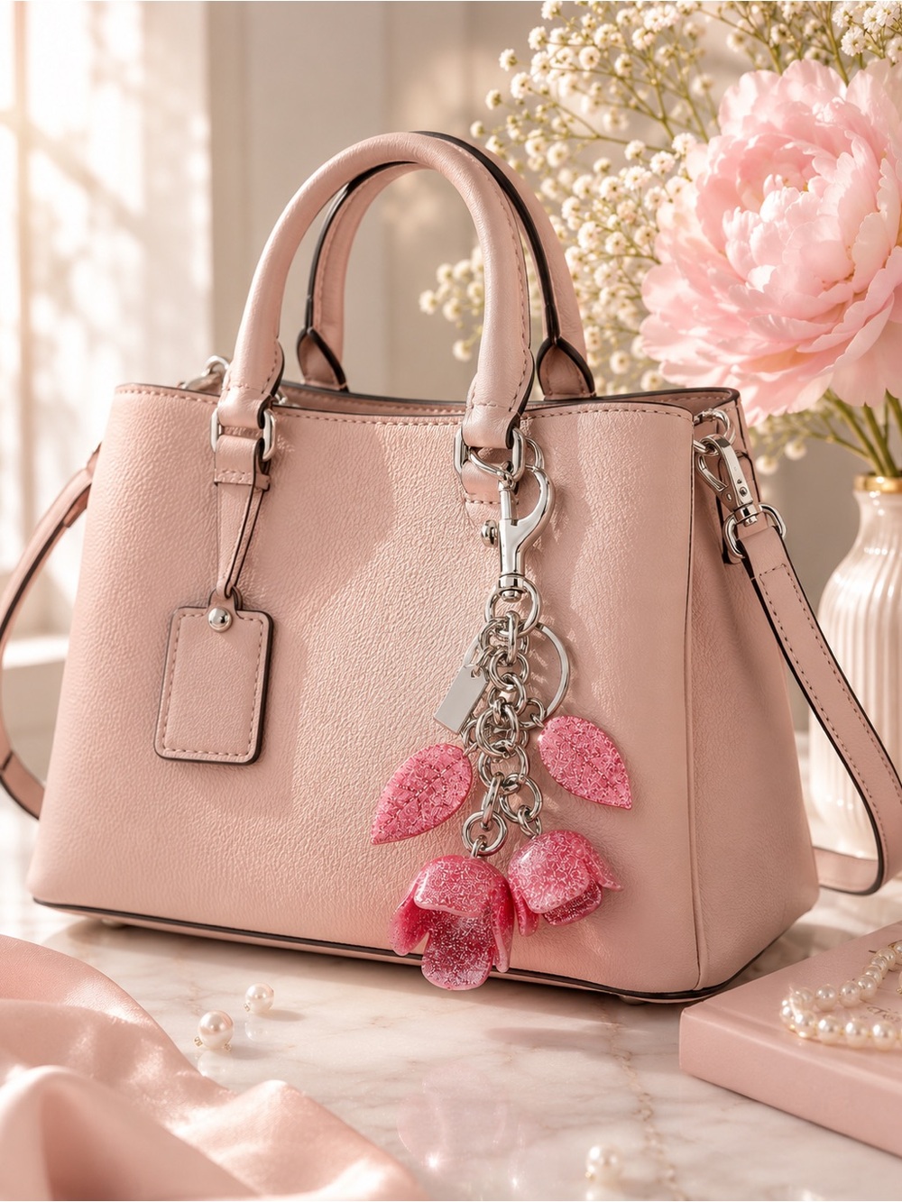 Tea Rose Style Pink Glitter Bell Flower Bag Charm - Picture 2 of 4